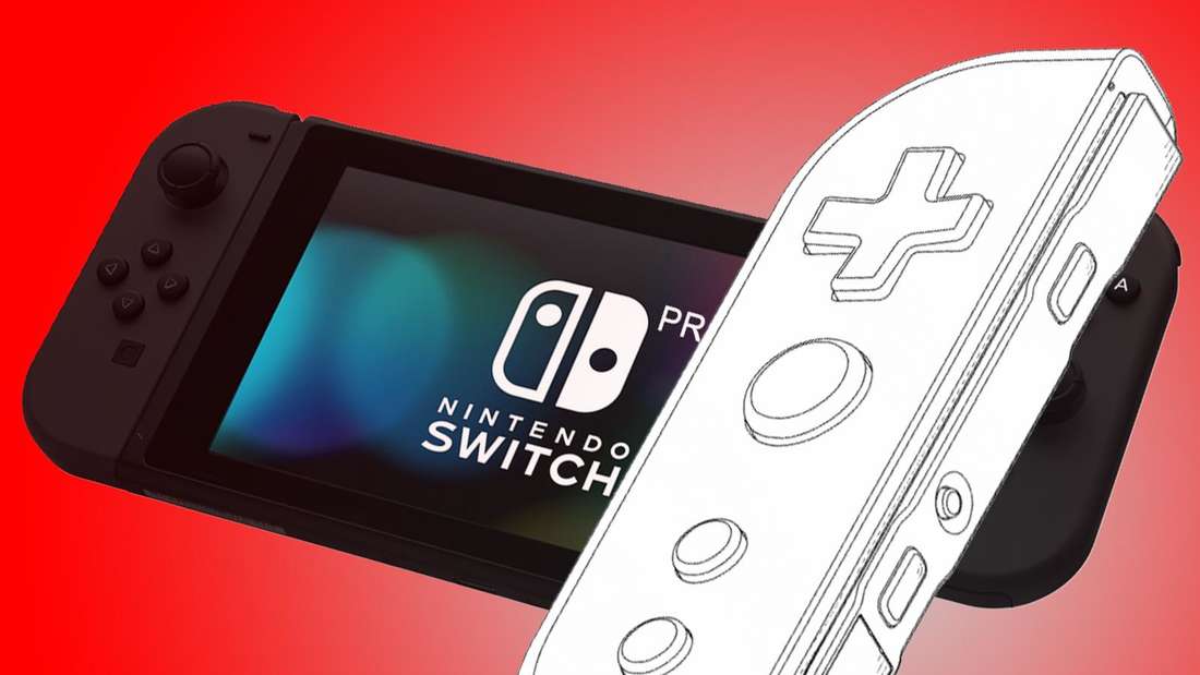 Das Design eines neuen Joy-Con-Controllers ist rechts von einer aktuellen Nintendo Switch-Konsole platziert.