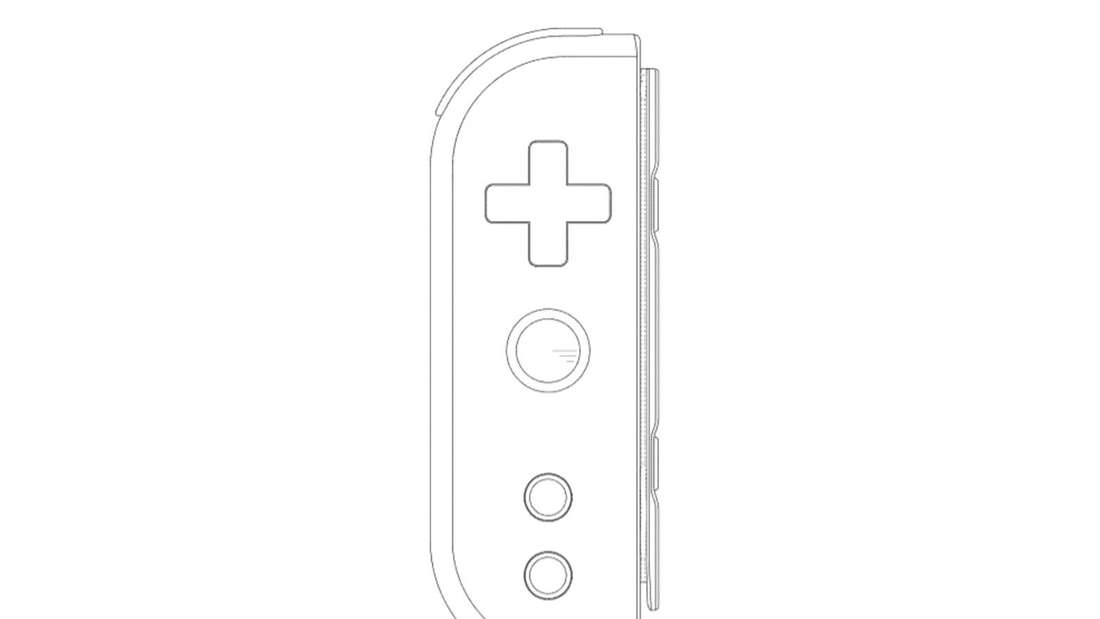 Das mögliche neue Design des Joy-Cons platziert ein klassisches D-Pad über einem Thumbstick anstatt über einen Analogstick. In gerader Linie darunter sind zwei unbetitelte Knöpfe zu sehen.