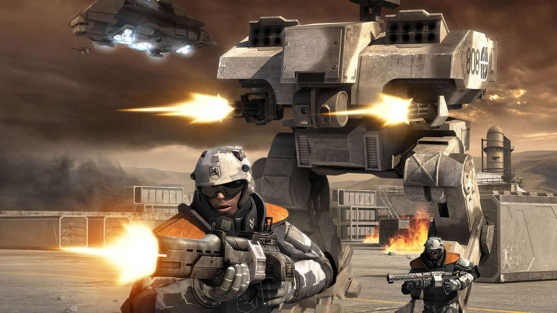 Battlefield 2142 Soldaten und Mech im Gefecht