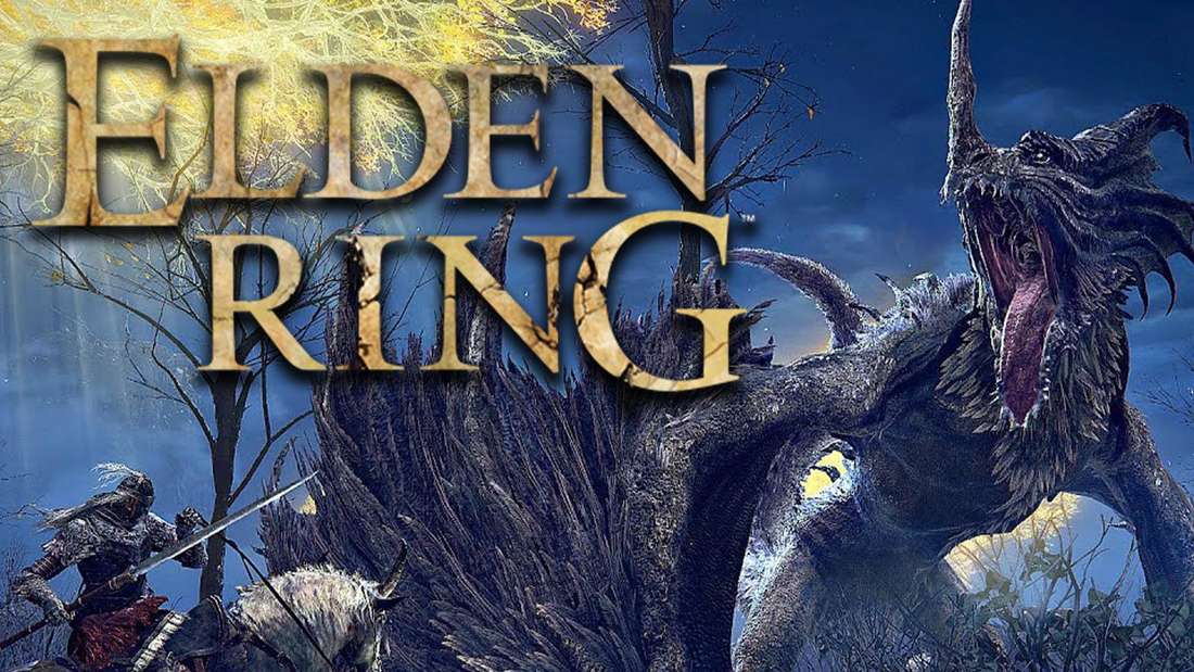 Screenshot aus Elden Ring. Der Spieler stellt sich einem großen Drachen. Darüber das Elden Ring Logo