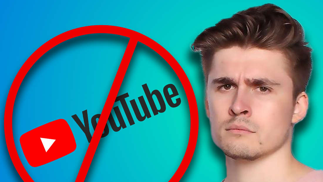 Ludwig Ahgren mit genervetem Gesichtsausdruck. Daneben ein durchgetrichenes YouTube Logo