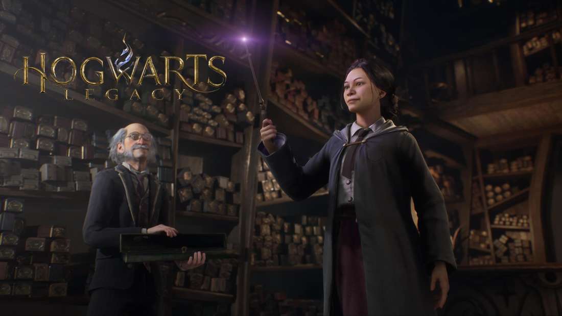 Ein Screenshot aus dem Spiel Hogwarts Legacy mit dem Logo.