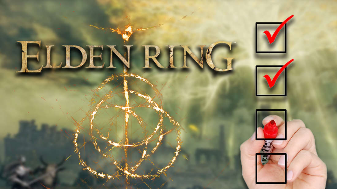 Elden Ring Logo. Daneben eine Hand, die eine Checkliste abhakt