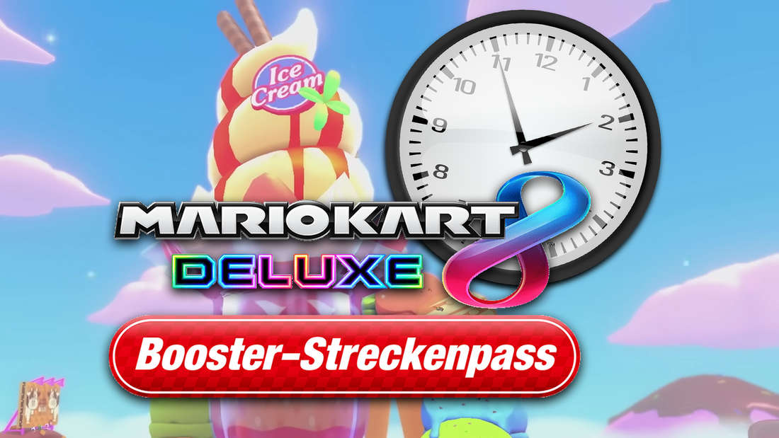 Uhr über Logo von Mario Kart 8 Deluxe Booster-Streckenpass