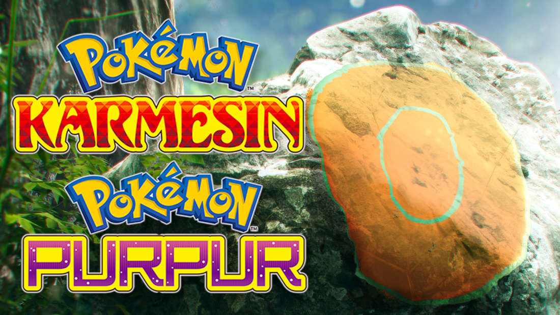 
Logo von Pokémon Karmesin und Purpur neben einer Farbmarkierung von Grafaiai.