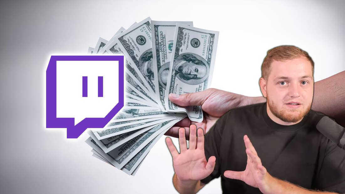 Trymacs schiebt eine Hand voll Geld zum Logo von Twitch