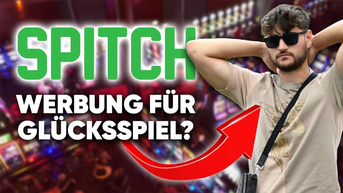 Twitch-Streamer EliasN97 neben dem Logo von Spitch. Darunter der Schriftzug „Werbung für Glücksspiel?“