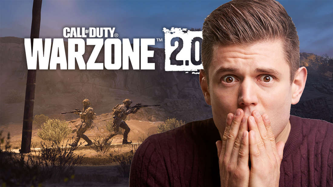 Warzone 2 Logo hinter einem schockierten Mann