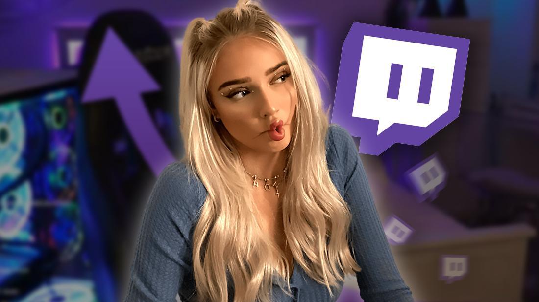 Twitch-Streamerin HoneyPuu neben einem lila Pfeil, der nach oben zeigt