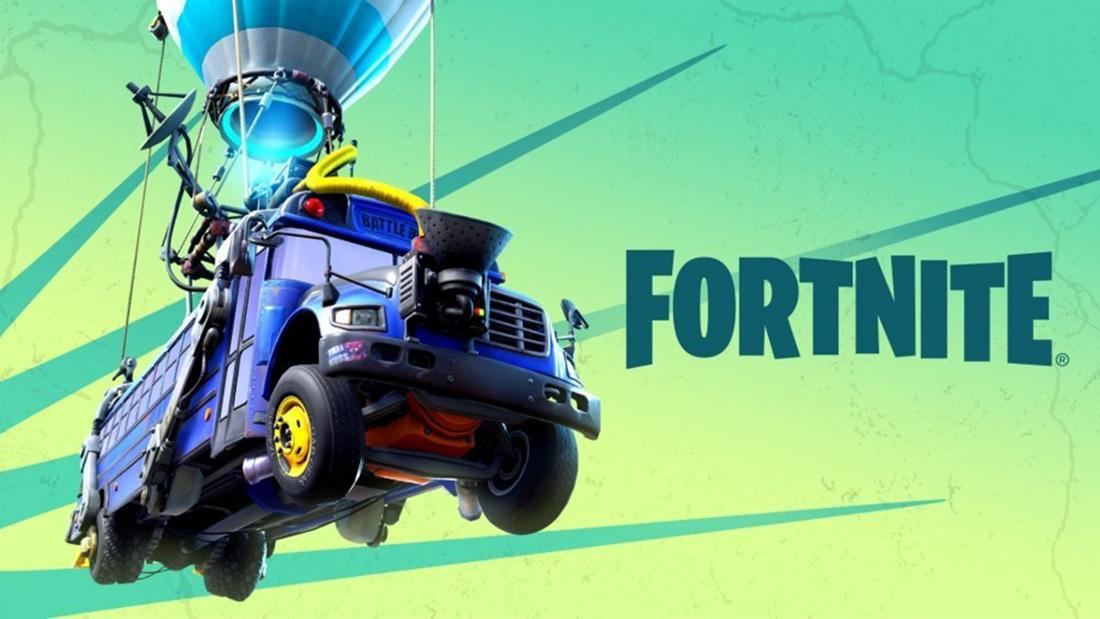 Fortnite Battle Bus vor grün-gelbem Hintergrund 