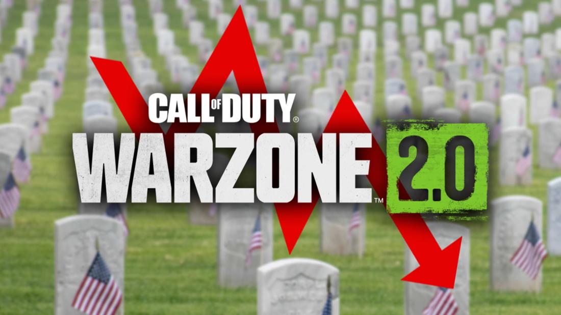 Logo von Warzone 2. Im Hintergrund ein POfeil nach unten und ein Friedhof