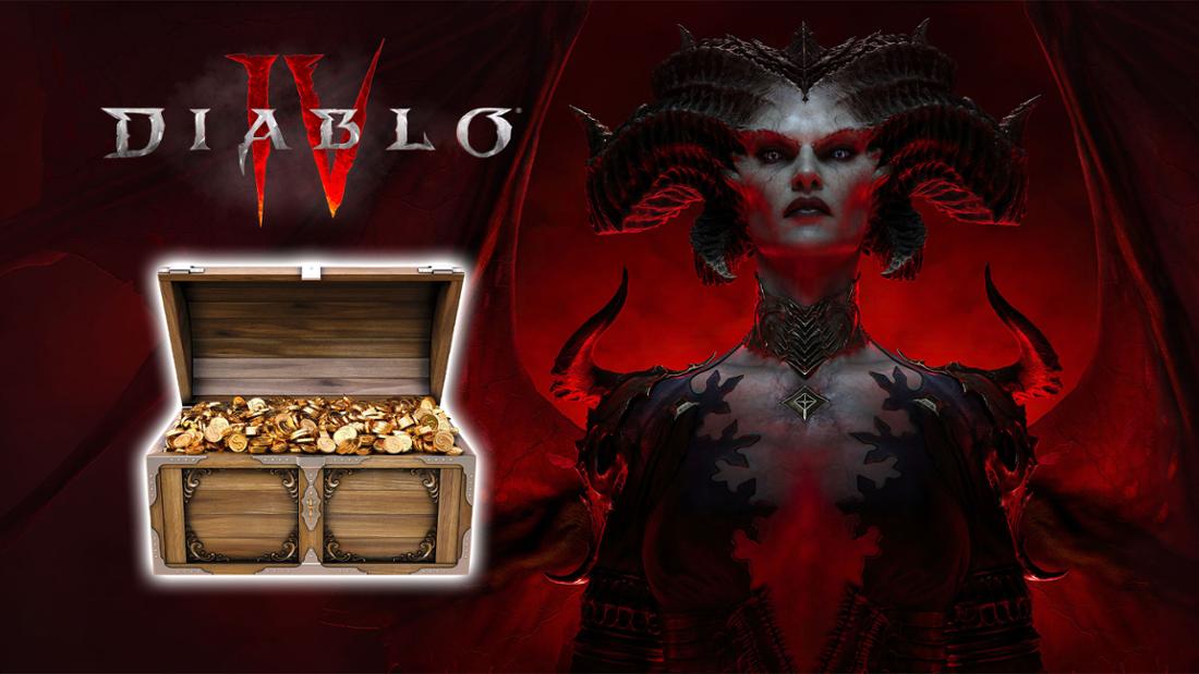 Lillith aus Diablo 4 neben einer Goldkiste