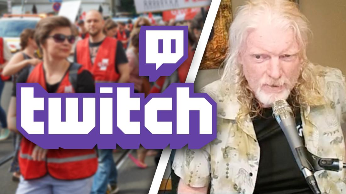 Twitch-CEO Dan Clancy neben dem Logo von Twitch und ein Symbolbild eines Gewerkschaftstreiks