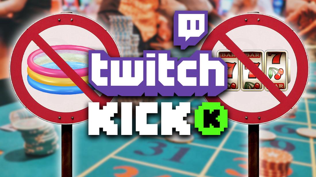 Logos von Kick und Twitch. Dazu 2 Verbotsschilder mit einem Planschbecken und Casino-Walzen