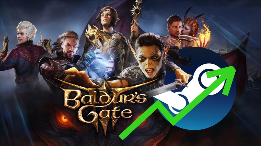 Baldur‘s Gate 3 Key Art neben Steam Logo und grünem Pfeil