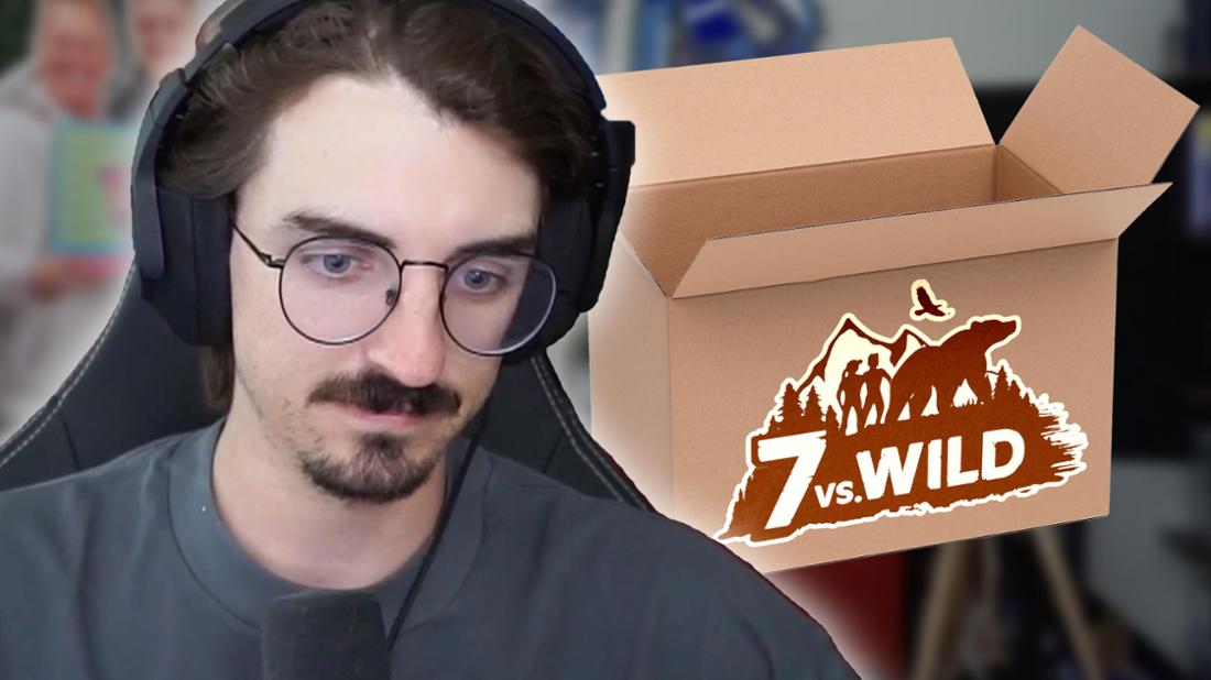 Twitch-Streamer Rumathra neben einer Pappschachtel mit dem Logo von 7 vs. Wild