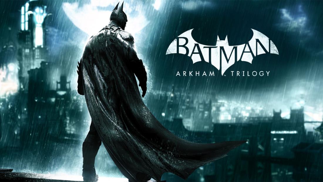 Superheld Batman im nächtlichen Regen auf den Dächern einer Stadt neben dem Logo von Batman: Arkham Trilogie