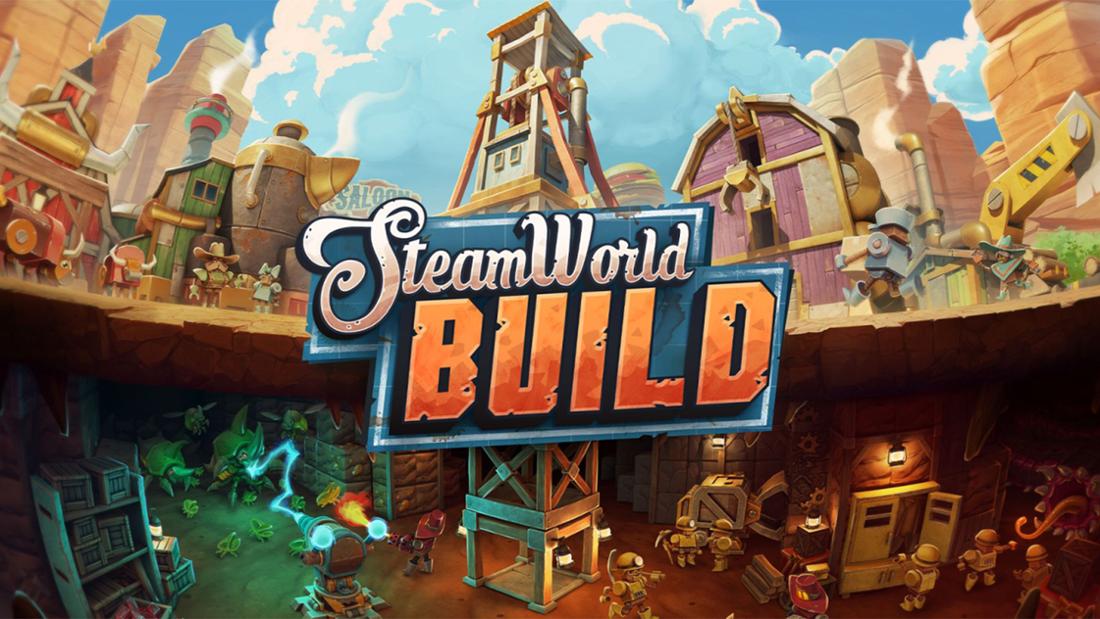 Charaktere und Logo des Spiels SteamWorld Build in einer Wild-West-Stadt und Bergbau-Szene