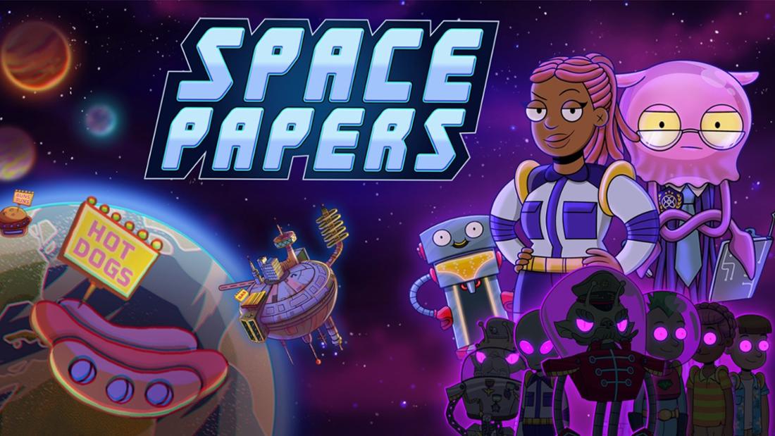 Charaktere und Logo des Nintendo Switch Spiels Space Papers: Planet‘s Border in einer Weltraumszene