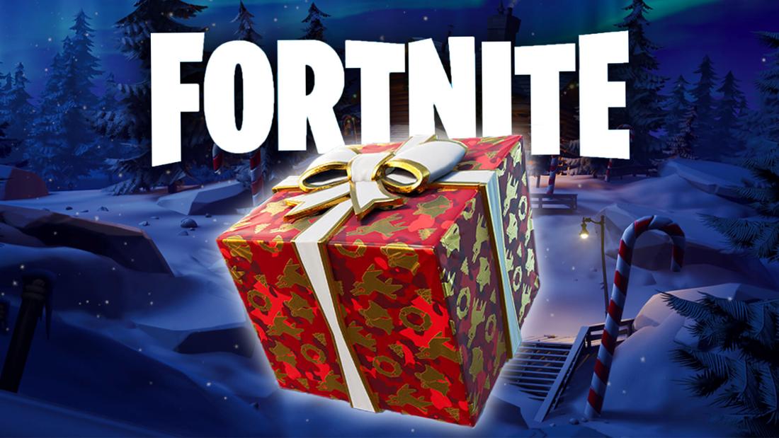 Ein rotes Geschenk vor einer Winterlandschaft im Spiel Fortnite