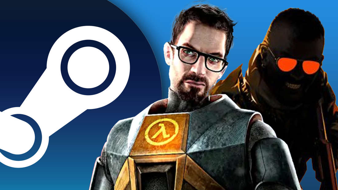 Links ist das Steam-Symbol zu sehen, rechts zwei Figuren aus Spielen von Valve – Counter-Strike und Half Life.