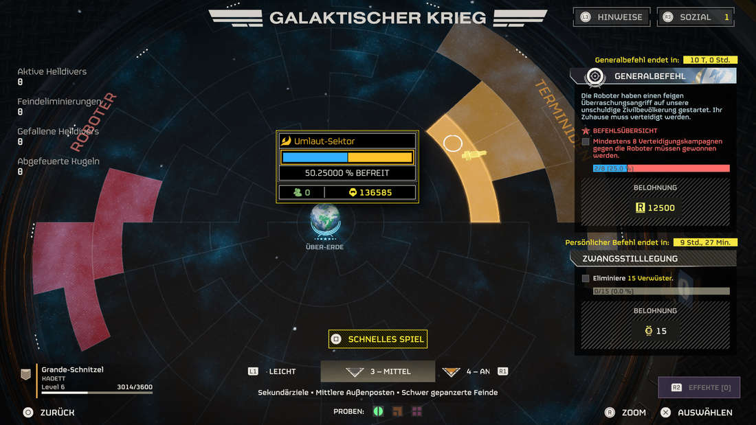 Die Ansicht im Menü des „Galaktischen Krieges“ in Helldivers 2. Die roten Gebiete links gehören zu den Robotern, die gelben Gebiete rechts zu den Teminiden.