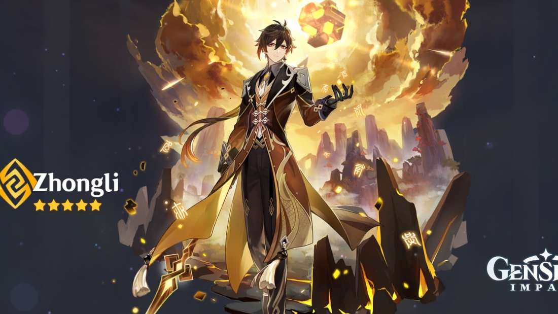 Geo-Charakter Zhongli aus Genshin Impact Splash Art