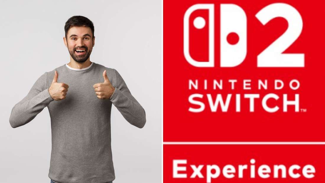 Bildmontage: Links: glücklicher Mann, der beide Daumen hoch hält; Rechts: Nintendo Switch 2 Experience Logo