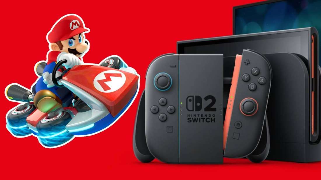 Links: Mario auf einem Kart, rechts: Nintendo Switch 2 auf rotem Hintergrund