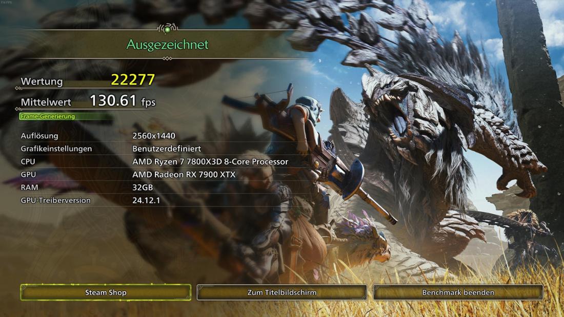 Ein Screenshot vom Benchmark von Monster Hunter Wilds am Ende mit Ergebnis.