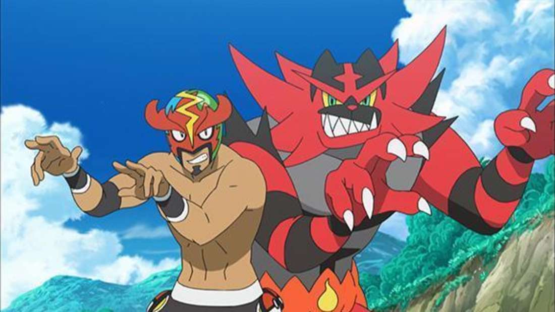 Fuegro (auf Englisch Incineroar) und sein Wrestler-Trainer im Pokémon-Anime.