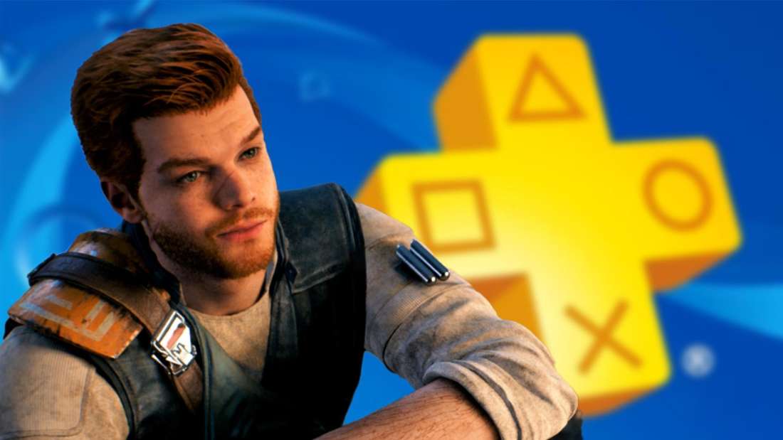 Ein Bild mit PS Plus im Hintergrund in der Hauptfigur aus Star Wars Jedi Survivors vorn.